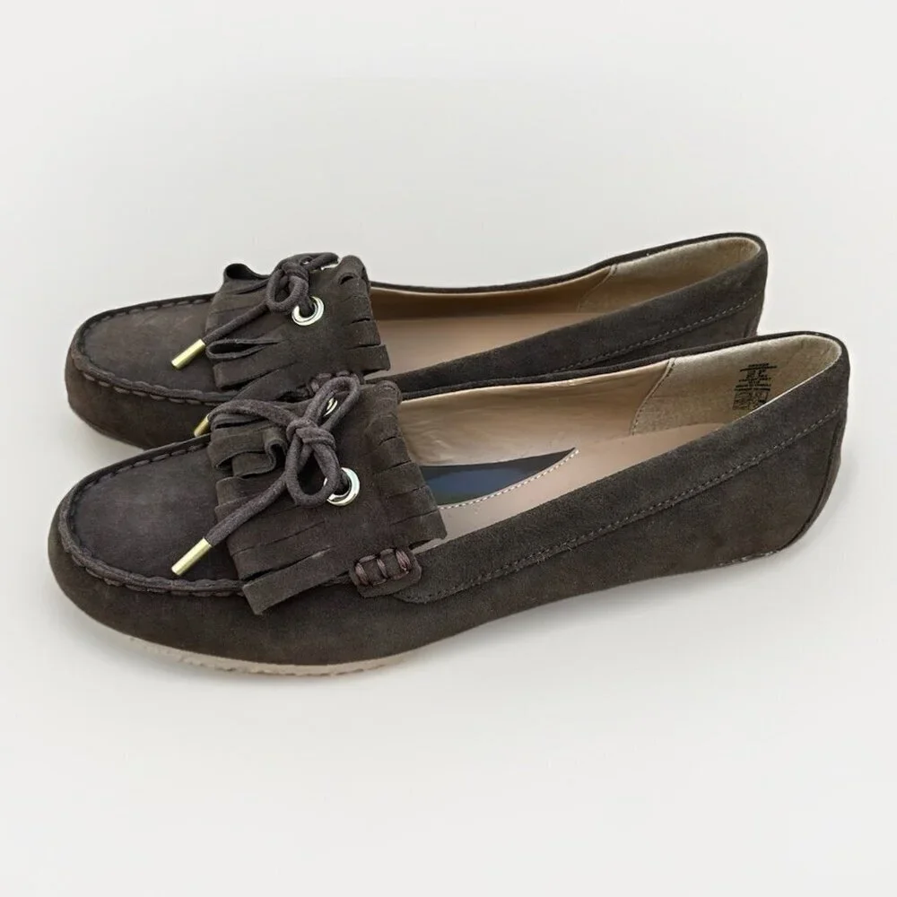 New Lands End Womens Size 8 Slip On Tassel Moccasin Brown Suede Loafers